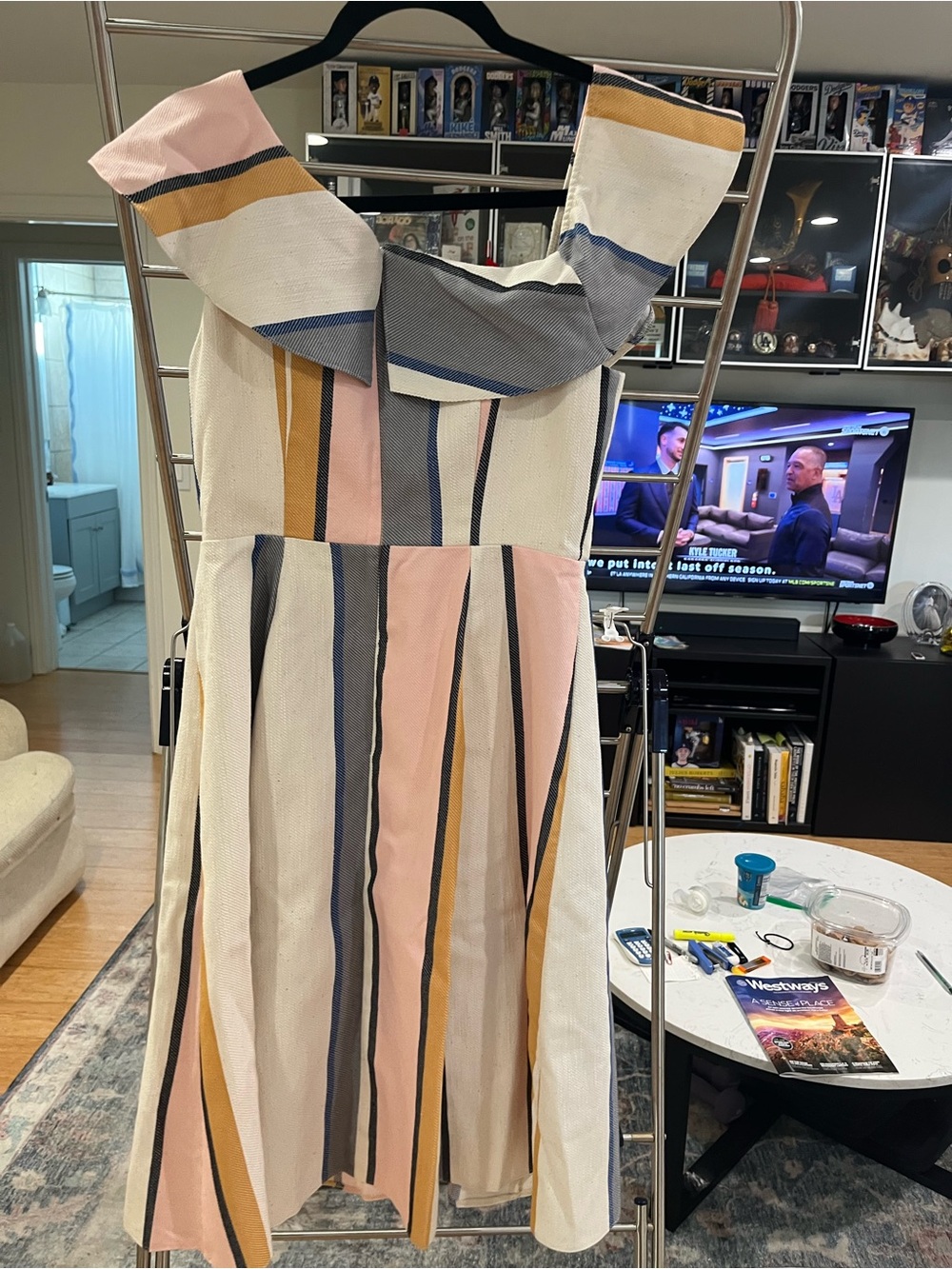 Striped Off-Shoulder Midi Dress in Cream, Pink & Blue